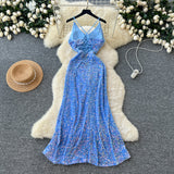 Sequin Backless Midi Maxi Blue Dress