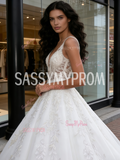 A Line Tulle Sleeveless V Neck Appliques White Wedding Dress