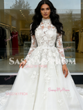Tulle Appliques A Line Long Sleeve High Neck Lace Wedding Dress