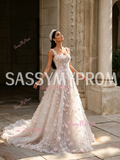 Straps A Line Pink Flowers Tulle Prom Dress