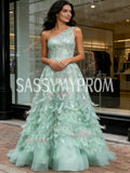 One Shoulder Green Feather A Line Sparkle Prom Dress