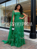 Long Sleeve Ruffles Navy Square Tulle A Line Prom Dress