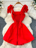 Elegant Square Necked Red Dress with Bow