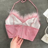 Fluffy Feather Shiny Pink Halter Top