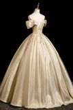 Off The Shoulder Appliques Ball Gown Gold Prom Dress