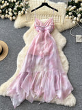 Ruffled Alluring V Neckline Pink Maxi Dress