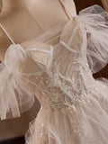 Voluminous Straps White Appliques Tulle Wedding Dress