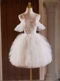 White Lace Appliques Tulle Homecoming Dress