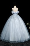 Gray Blue Tulle Flowers Ball Gown Prom Dress