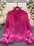 Ruffled Collar Pearl Embellishments Hot Pink Blouse