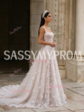 Straps A Line Pink Flowers Tulle Prom Dress