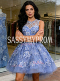 Jewel Blue Beading Lace Flower A Line Short Prom Dress