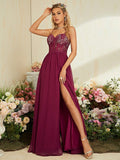 A Line Sheer Lace Burgundy Chiffon Prom Dress With Slit