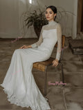 Sheer Trumpet Mermaid Long Sleeve Lace High Neck Wedding Dress