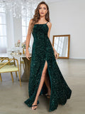 Backless Green Sequin A Line Prom Dress With Slit