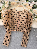 Polka Dot Pattern Dramatic Puff Sleeves Sheer Crop Blouse