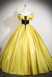 Satin Black Appliques Yellow A Line Prom Dress