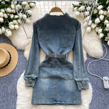 Belted Waist Chic Pocket Denim Dress