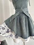 Patterned Irregular Hem Chic Dark Green Denim Dress