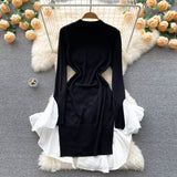 Contrasting White Ruffles  Black Knit Dress