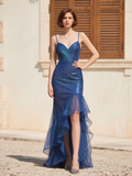 Blue Ruffles Spaghetti Straps Tulle Sparkle Prom Dress