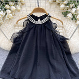 Elegant Tie Sleeve Pearl-Collared Black Dress