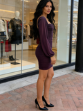 Purple Long Sleeve Mini Ruched Square Neck Bodycon Dress