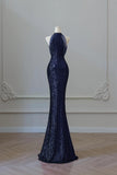 High Neck Sequin Trumpet Mermaid Navy Blue Prom Dress