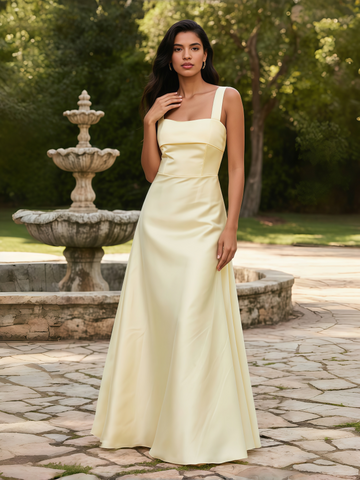 Yellow Square Satin A Line Straps Prom Dress