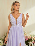 Backless V Neck Lavender Lace Appliques Prom Dress With Slit