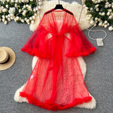 Elegant Feather Flowing Red Tulle Robe