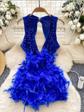 Sparkling Sequins Fluffy Feathers Backless Purple Party Dress