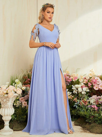 Chiffon Tassel Blue Cap Sleeve Prom Dress With Slit Sassymyprom Chiffon Tassel Blue Cap Sleeve Prom Dress With Slit Sassymyprom