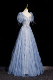 Beads Sweetheart A Line Blue Tulle Puffy Sleeves Prom Dress