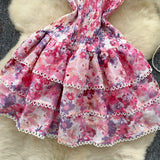 Vibrant Pink Blue Hues Floral Ruffle Dress