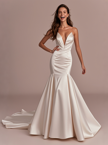 Trumpet Mermaid Deep V Neck Satin Wedding Dress