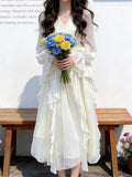 White V Neck Long Sleeve Maxi Ruffle Layered Dress