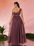 Simple Off The Shoulder Tulle A Line Belt Prom Dress