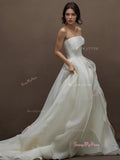 Ruffle A Line Simple Tulle Strapless Wedding Dress