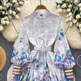 Belt Puffy Sleeves Floral Button-Down Dress