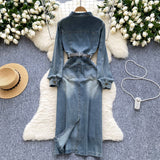 Belted Waist Long Sleeves Denim Shirt Dress