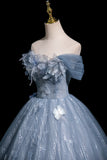 Off The Shoulder Tulle Butterfly Blue Sequin Prom Dress