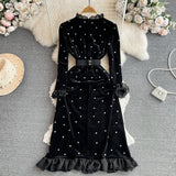 Ruffled Pearls Black Velvet Dress