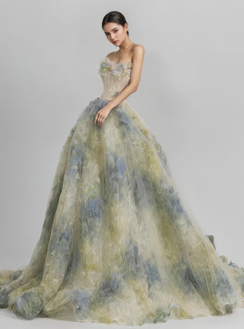 Ball Gown Tulle Floral Green Strapless Prom Dress