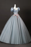 Tulle Flowers Short Sleeves A-Line Gray Prom Dress