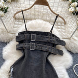 Fringed Edges Adjustable Straps Denim Buckle Top