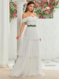 Layer Tulle Belt Lace Off The Shoulder Wedding Dress