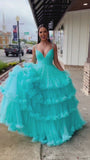 Red Tiered Ruffles Backless V-Neck Tulle Prom Dress