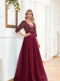 Sequin Chiffon Burgundy Half Sleeve Party Prom Dress