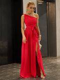 Split Thigh Slanted Shoulder Red Chiffon Maxi Dress